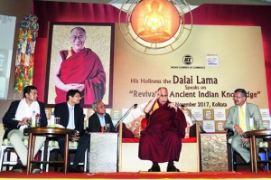 The Dalai Lama with Rudra Chatterjee, senior vice-president, Indian Chamber of Commerce; Shashwat Goenka, president of the chamber; and Rajeev Singh, director-general of the organisation.                   