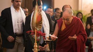 The Dalai Lama with Rudra Chatterjee, senior vice-president, Indian Chamber of Commerce; Shashwat Goenka, president of the chamber; and Rajeev Singh, director-general of the organisation.                              